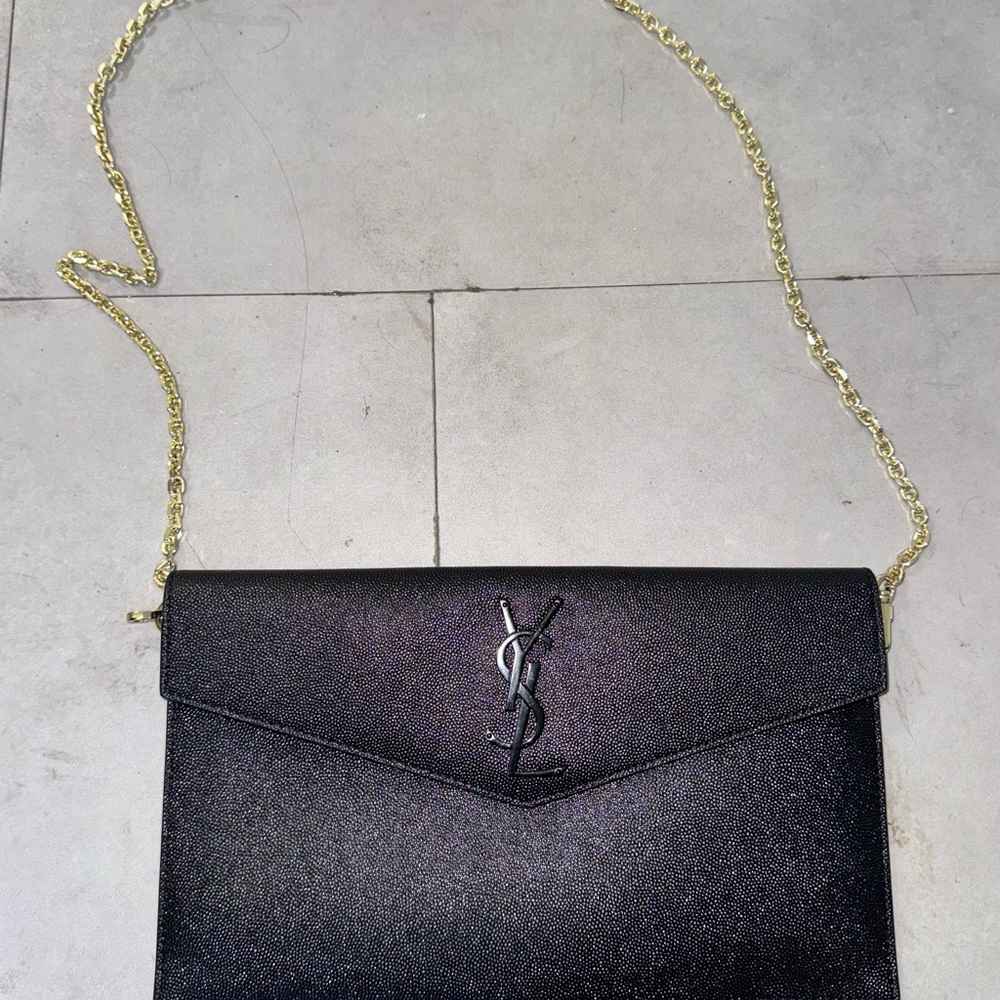Yves Saint Laurent Shimmering Black Clutch with Gold Chain